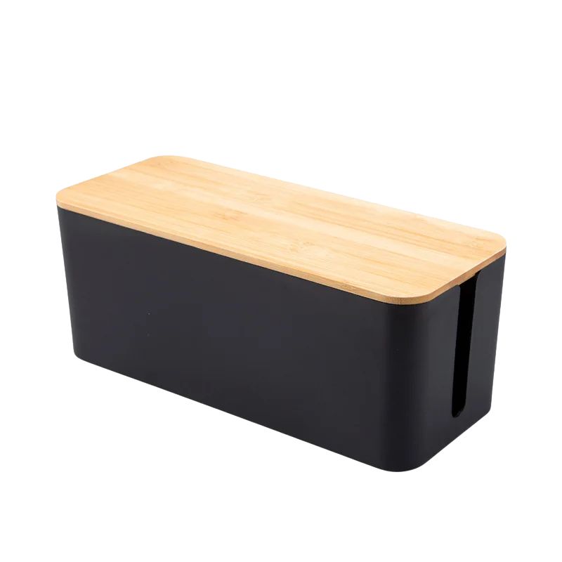 Cable Management Box 32cm Bamboo Lid Wire Organiser Power Board Storage Container - Black