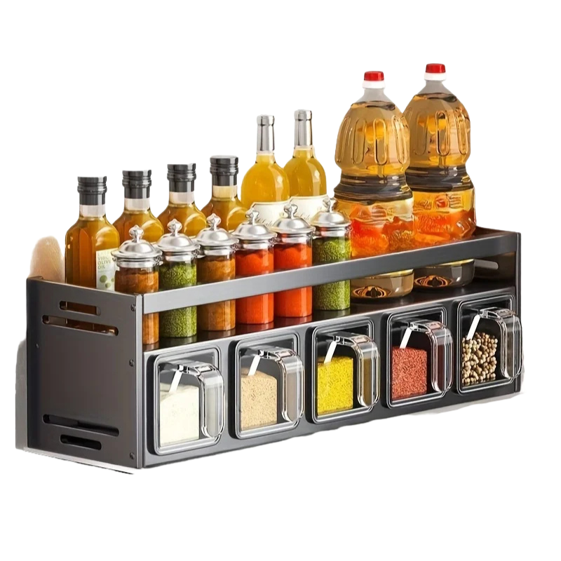Wall Mounted Kitchen Spice Rack Storage Set with Sealed Containers and Dispensers