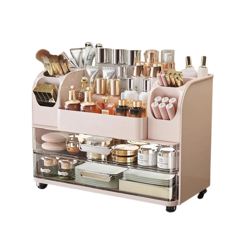 Cosmetics Storage Box Desktop Organizer Expandable Multi Layer Makeup Holder Dressing Table Rack Pink