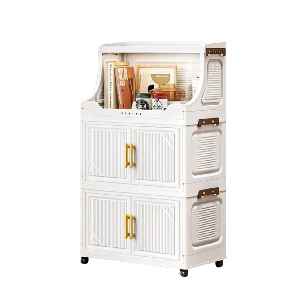 Storage Cabinet Foldable Double Door Organizer  Large Capacity Mobile Storage Box - 3 Tier