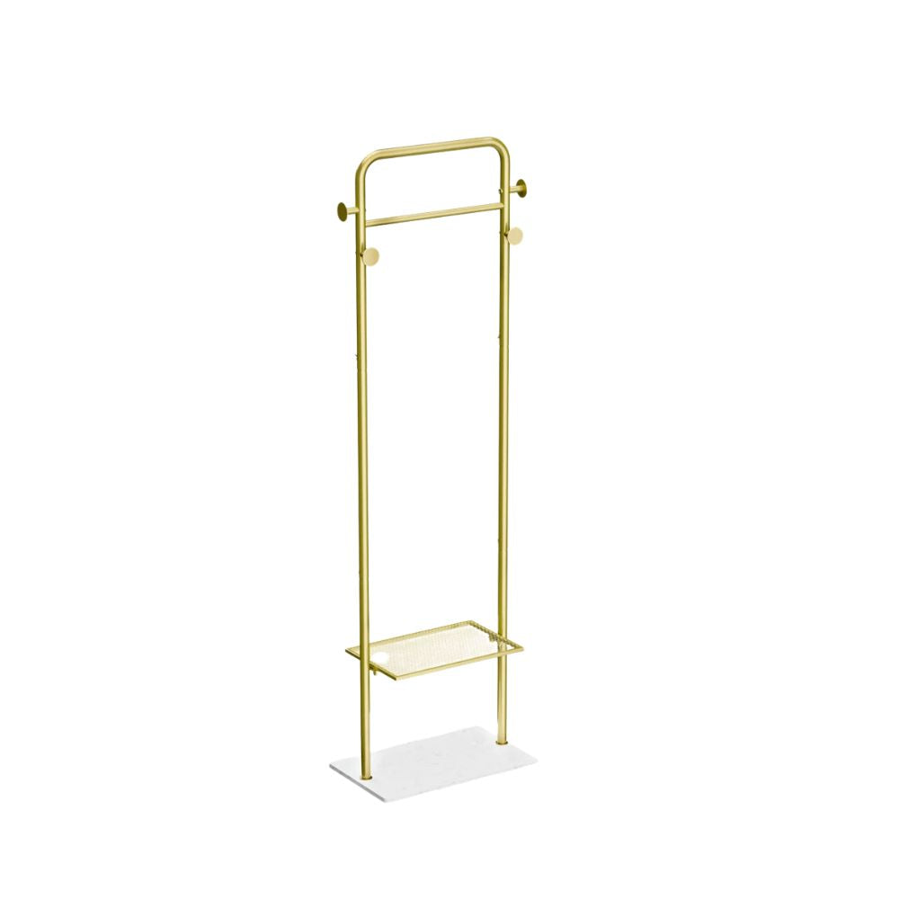 Coat Rack Stand 175cm Metal Corner Hall Tree with Marble Base 4 Hooks 2 Tier Shelf - Gold