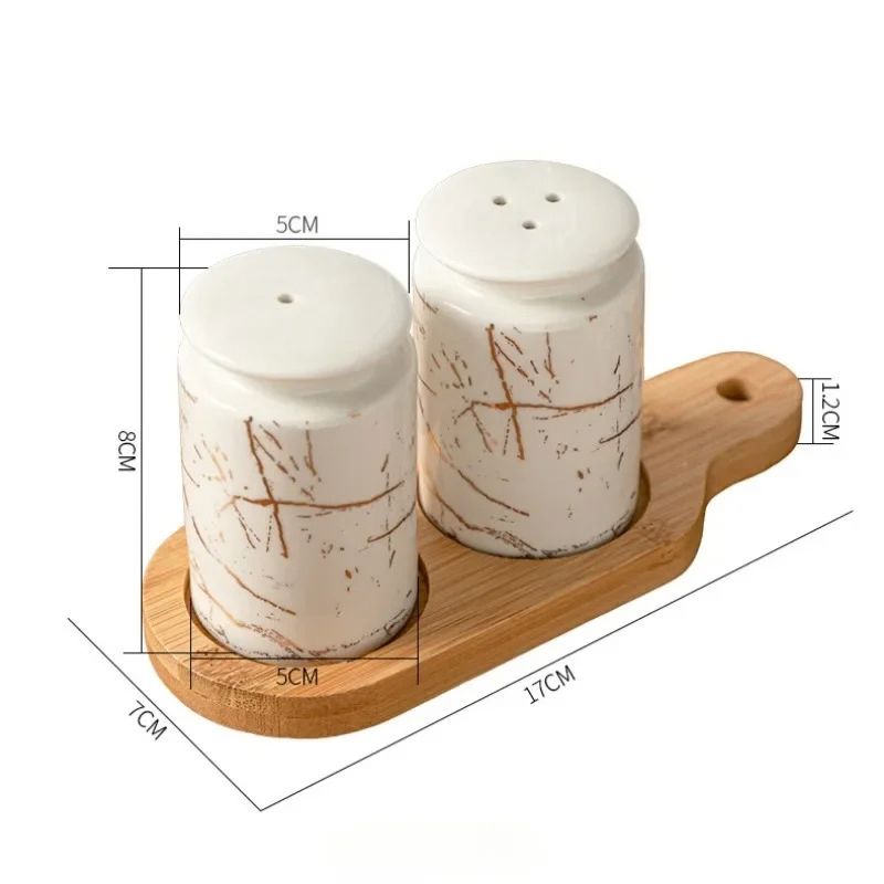 Ceramic Salt and Pepper Jar Set with Wooden Tray Nordic Spice Containers - White