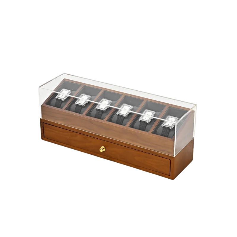 Watch Organizer Box Foldable Double Layer Wooden 6 Grid Display Case Transparent Lid - Beige
