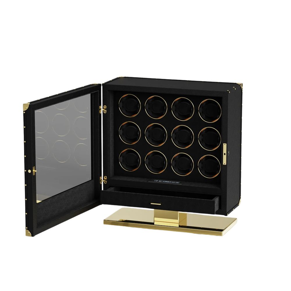 Watch Winder Storage Box 12 Slot Fingerprint Access Touch Control LED Display Wooden Finish