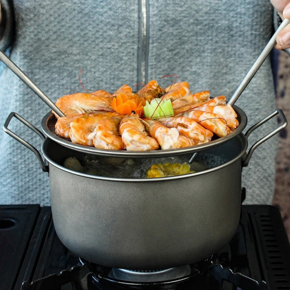 Camping Cookware Set Titanium Multifunction Pot Steamer Frying Pan Set with Lid Portable Outdoor Kit