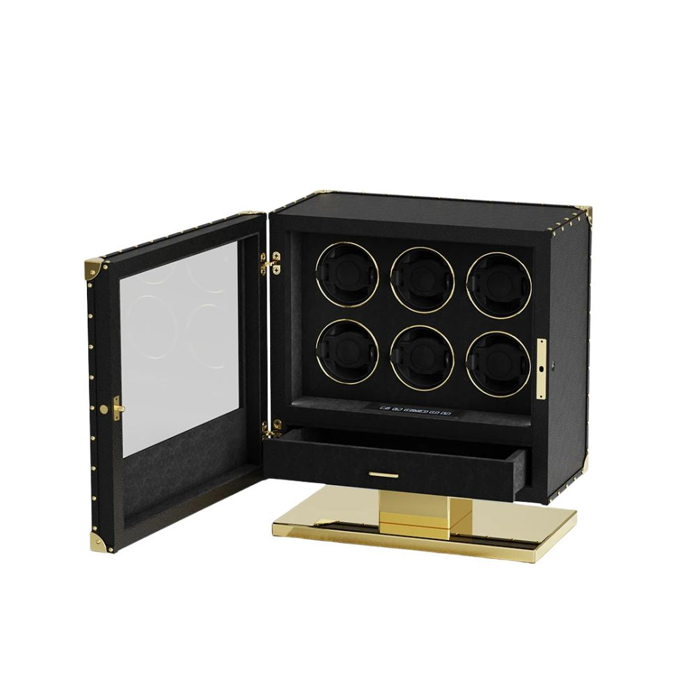 Watch Winder Storage Box 6 Slot Fingerprint Access Touch Control LED Display Wooden Finish