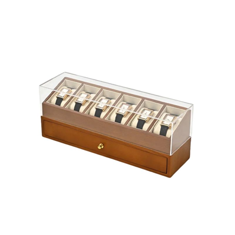 Watch Organizer Box Foldable Double Layer Wooden 6 Grid Display Case Transparent Lid - Beige