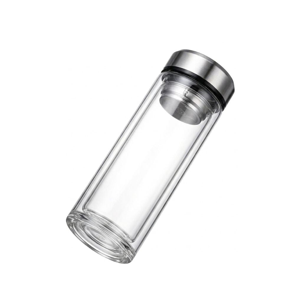 Glass Tea Bottle 1000mL Double Wall Infuser Portable Drinking Cup with Stainless Steel Lid