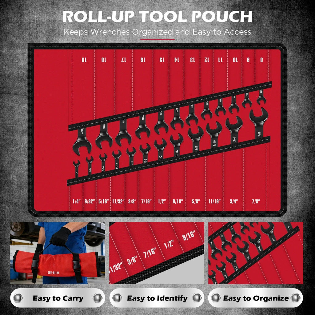 Ratcheting Wrench Set 24-Piece Heavy Duty 72 Tooth CR-V Steel Metric & SAE Spanner Kit with Roll Up Pouch