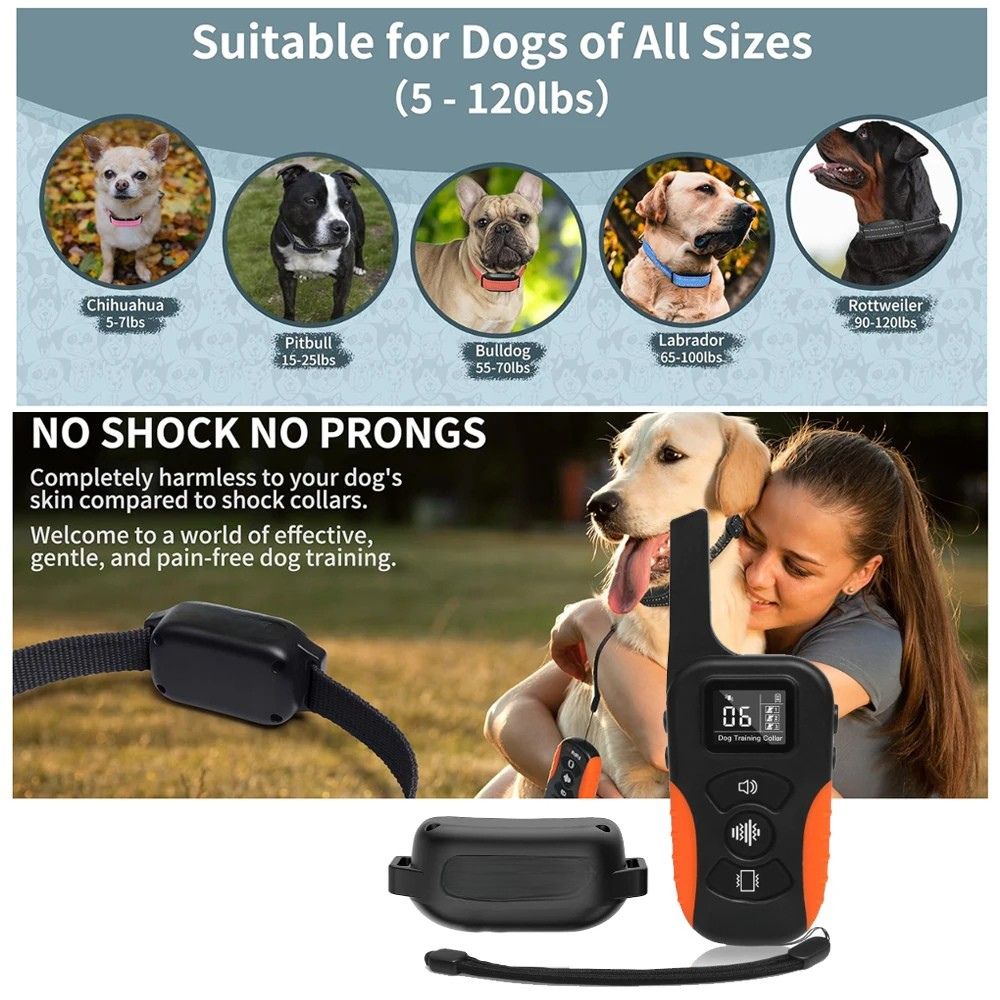 Dog Training Collar Rechargeable Waterproof Remote Control Vibration Beep Range - Black