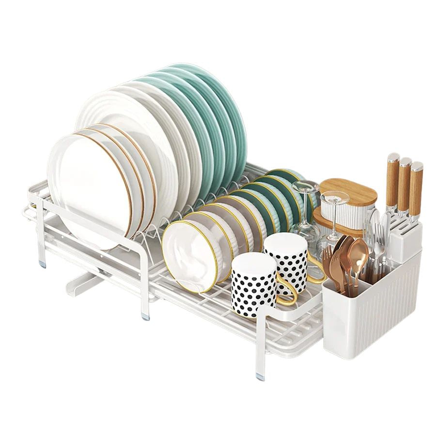 Portable Expandable Dish Drainer Rack with Drainboard Metal Kitchen Counter Organizer - White