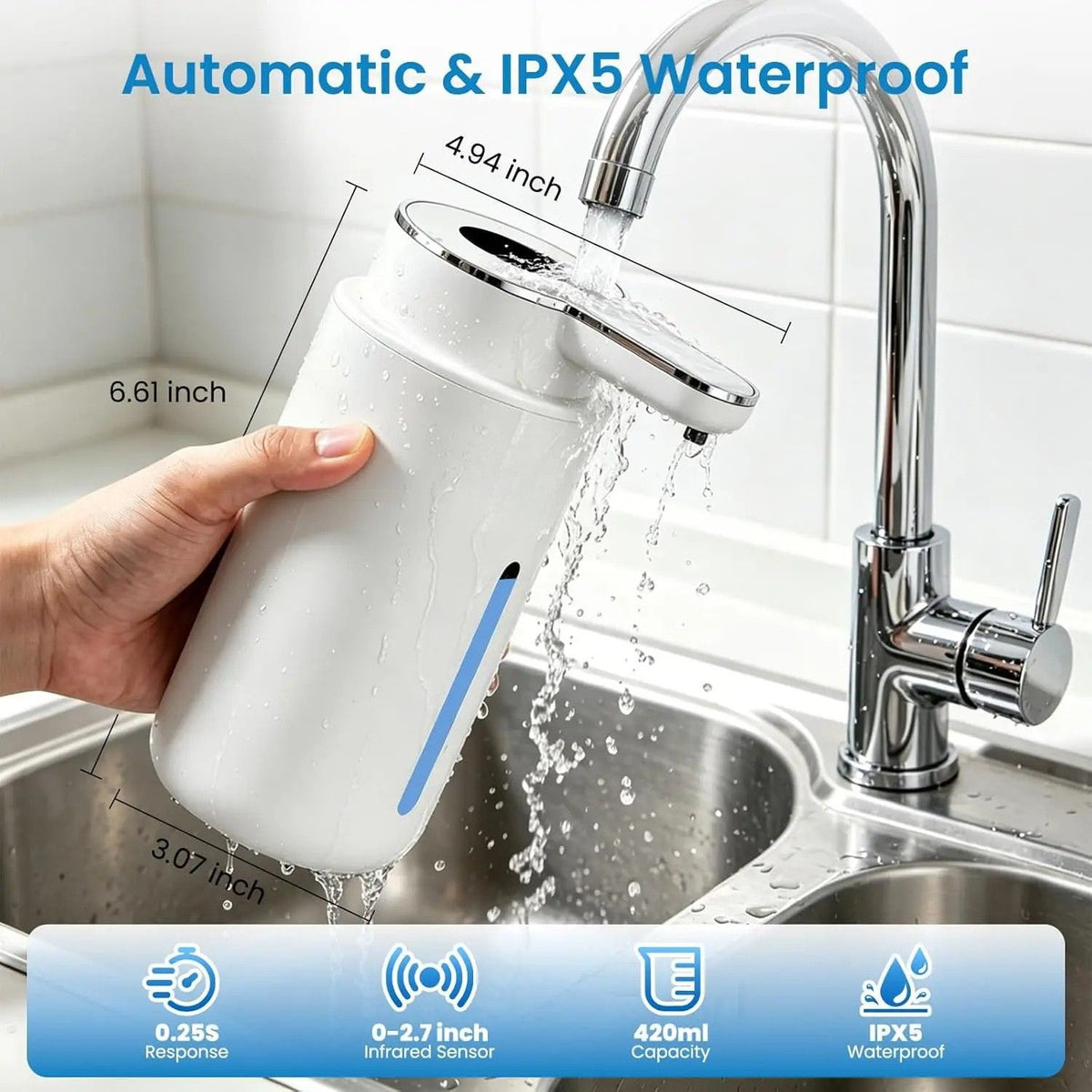 Soap Dispenser 420mL Touchless Automatic Rechargeable Pump with 6 Level Volume Control - Silver