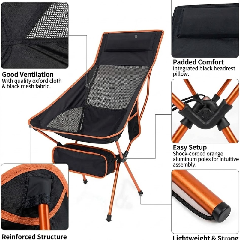 Folding Chair Ultralight Portable Aluminum Camping Chair – Detachable Lightweight Seat for Fishing, Hiking, BBQ, Garden – Long Orange