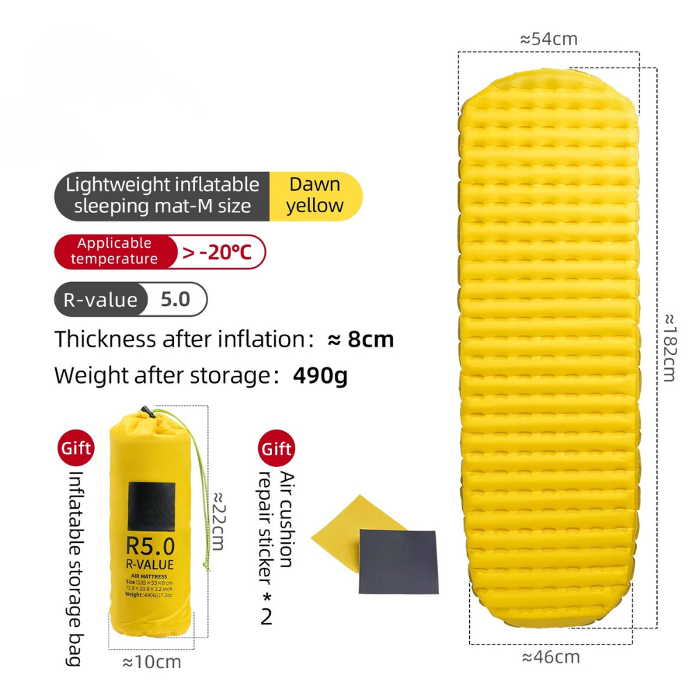 Camping Sleeping Pad Inflatable Mattress 182cm Ultralight Foldable Hiking Bed - Yellow