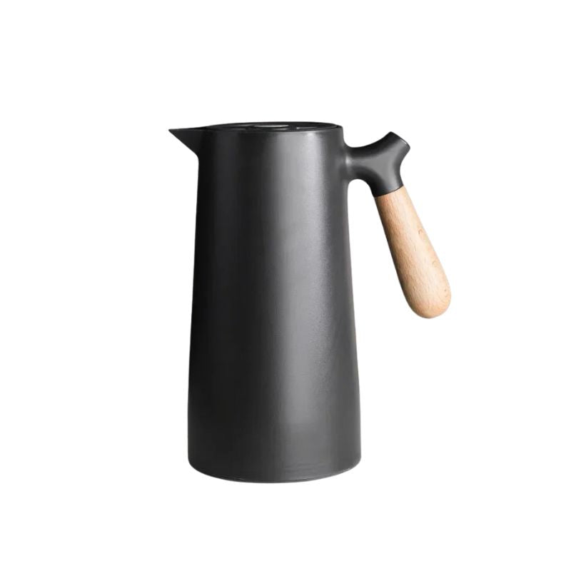 Insulated Flask Jug 1 L Double Wall Press Pour with Wooden Handle - Black