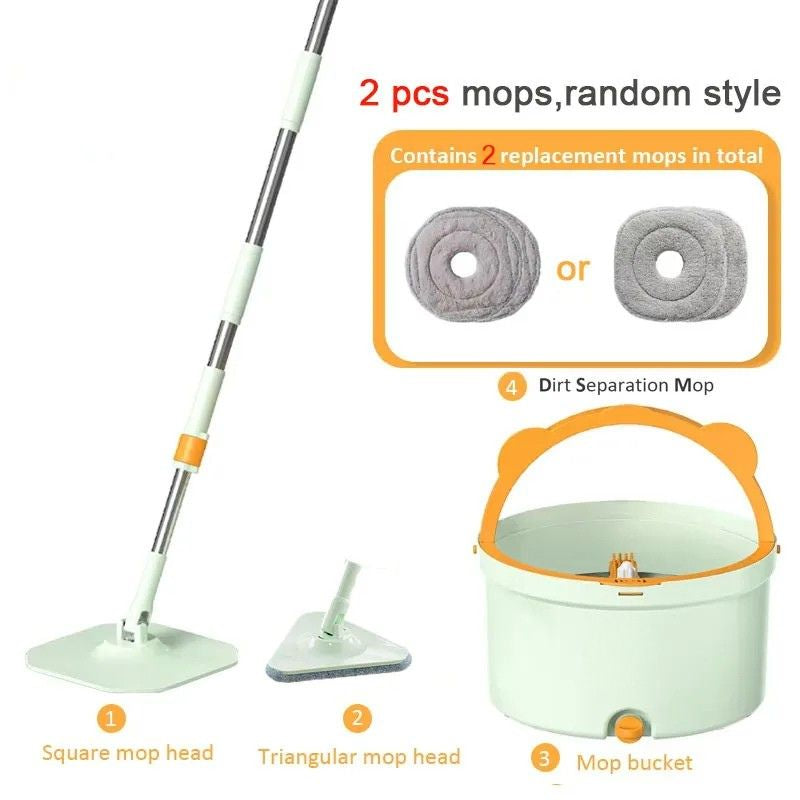 Spin Mop 135cm Wet and Dry Floor Cleaning System with 2 Replacement Mop Heads Set