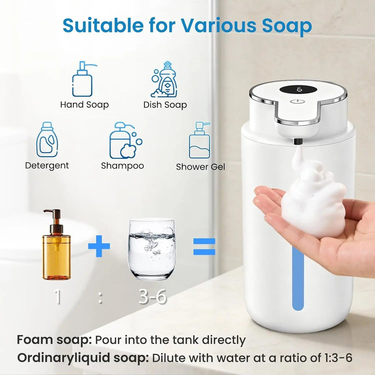 Soap Dispenser 420mL Touchless Automatic Rechargeable Pump with 6 Level Volume Control - Silver