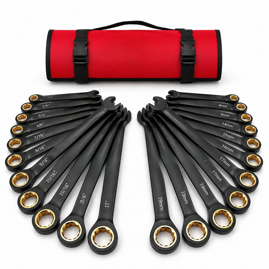 Ratcheting Wrench Set 24-Piece Heavy Duty 72 Tooth CR-V Steel Metric & SAE Spanner Kit with Roll Up Pouch