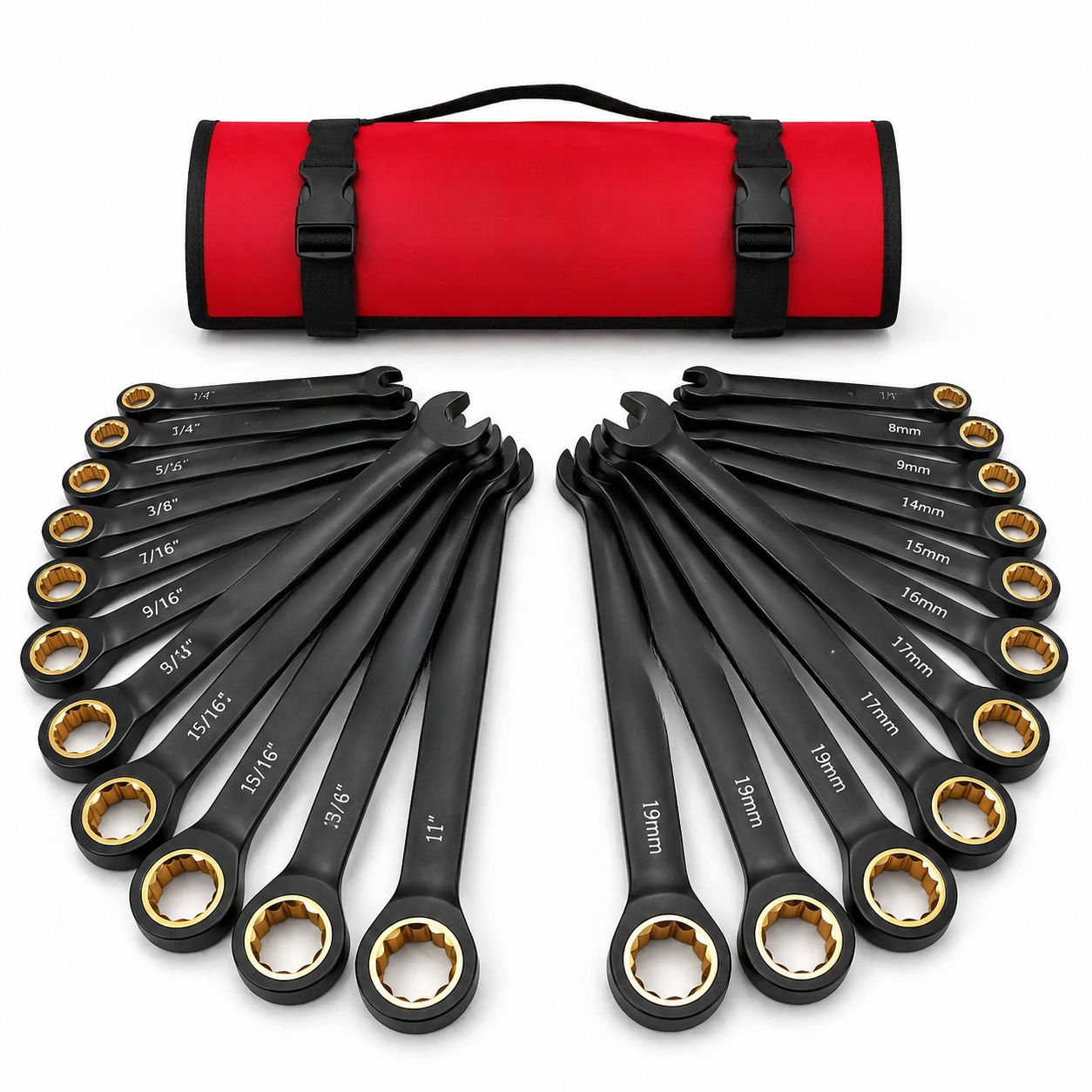 Ratcheting Wrench Set 24-Piece Heavy Duty 72 Tooth CR-V Steel Metric & SAE Spanner Kit with Roll Up Pouch