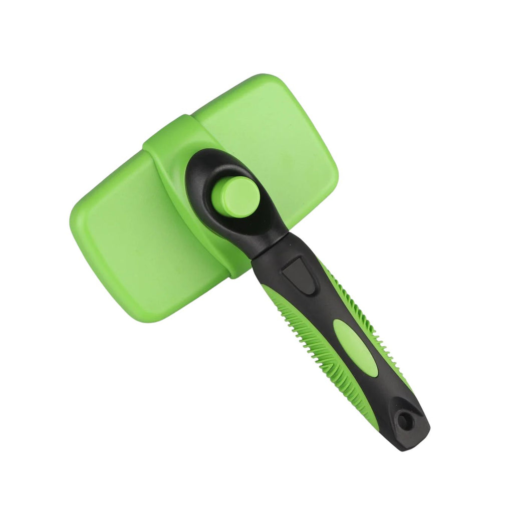 Pet Grooming Brush Self Cleaning Shedding Comb 60° Curved Bristles Ergonomic Handle - Green