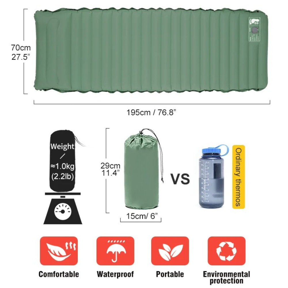 Camping Sleeping Pad Inflatable Mattress 195cm Ultralight Foldable Air Bed with Foot Pump - Brown
