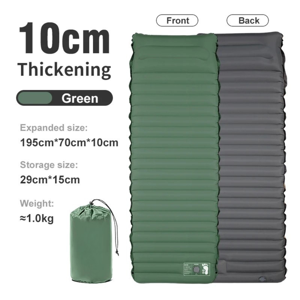 Camping Sleeping Pad Inflatable Mattress 195cm Ultralight Foldable Air Bed with Foot Pump - Green