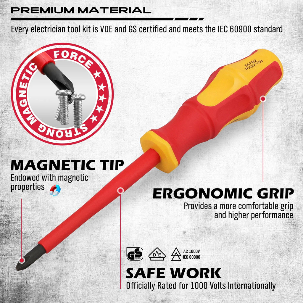 Heavy Duty 14 Piece 1000V Insulated Screwdriver and Pliers Tool Set with Magnetic Tips