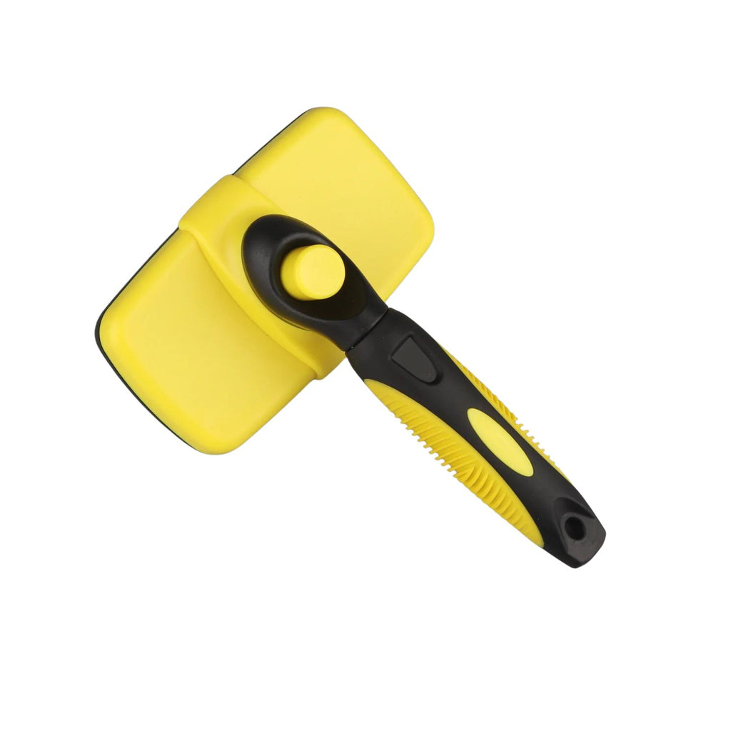 Pet Grooming Brush Self Cleaning Shedding Comb 60° Curved Bristles Ergonomic Handle - Yellow