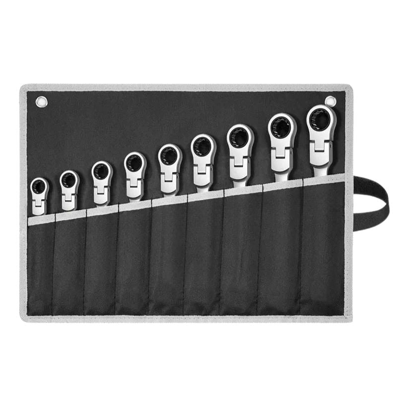 Flex Head Ratcheting Wrench Set Heavy Duty 9pcs Metric 8-19mm Chrome Vanadium Steel Combination Spanner Kit
