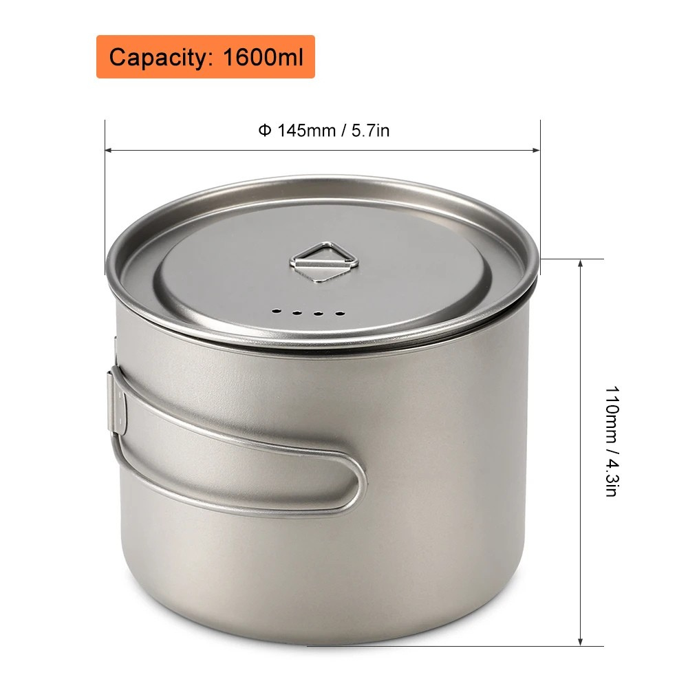 Camping Pot 1600mL Titanium Cooking Mug with Bail Handle and Foldable Grips