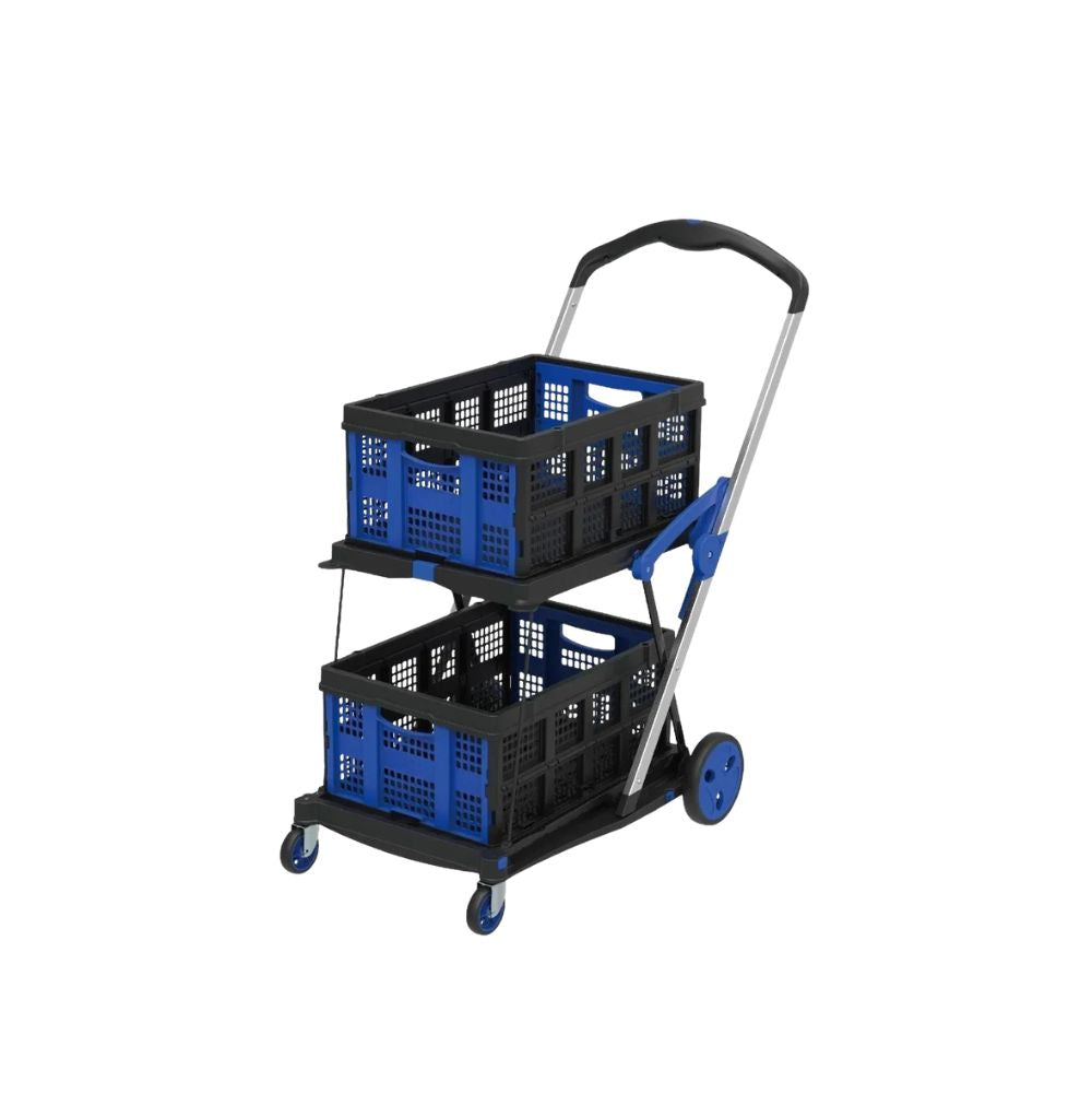 Shopping Cart Folding Utility Trolley with 2 Storage Crates and Wheels - Blue