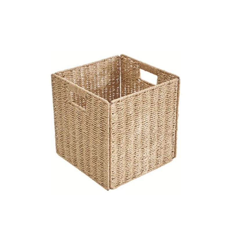 Cube Storage Basket Wicker Foldable Clothing Organiser with Handles - Brown