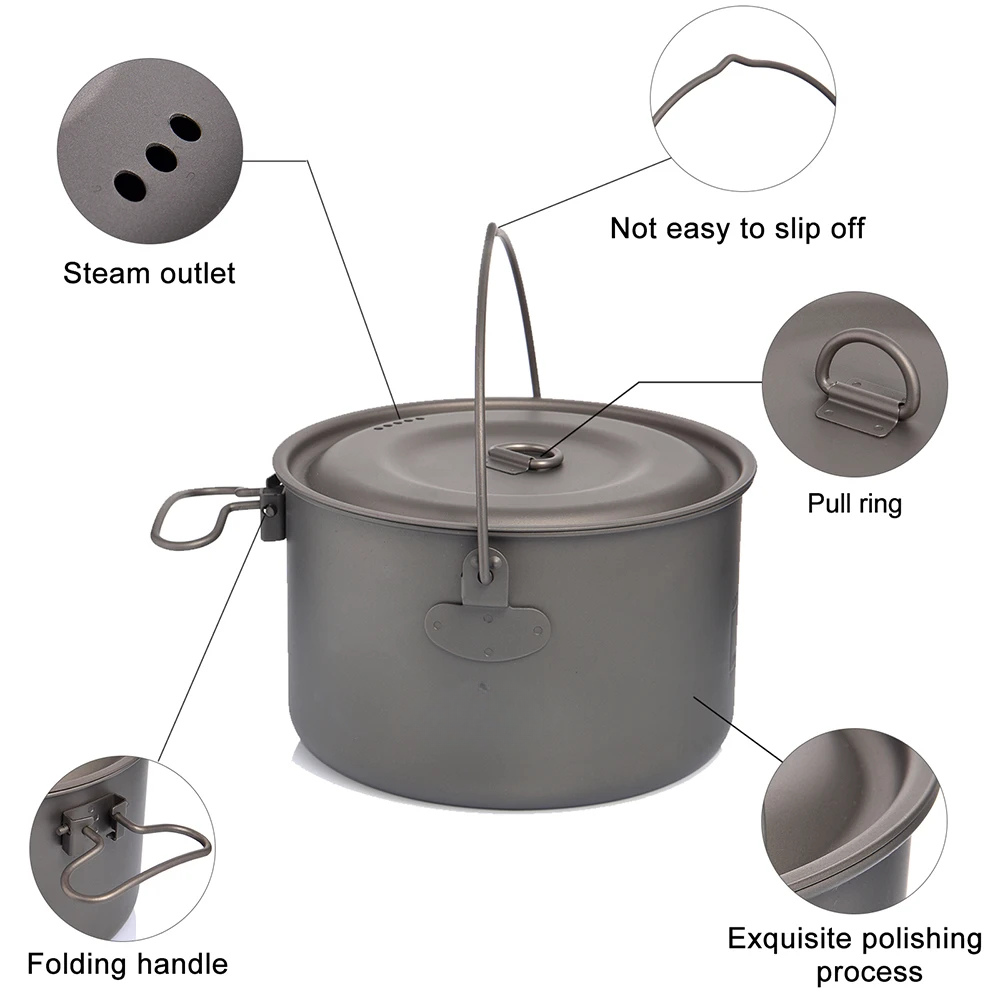 Camping Pot 2900ml Titanium Cookware Portable Outdoor Cooking Pot – Grey