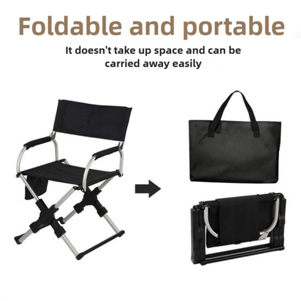 Folding Chair Portable Outdoor Beach Chair with Armrests Metal Frame Lightweight - Black