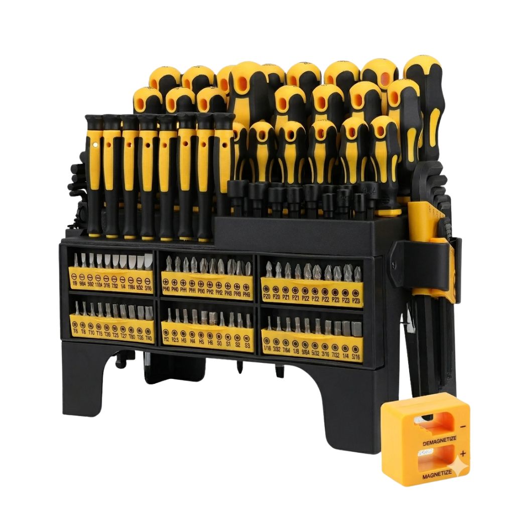 Heavy Duty 140 Piece Magnetic Screwdriver Set with SAE and Metric Hex Keys Precision Tips and Organizer Rack