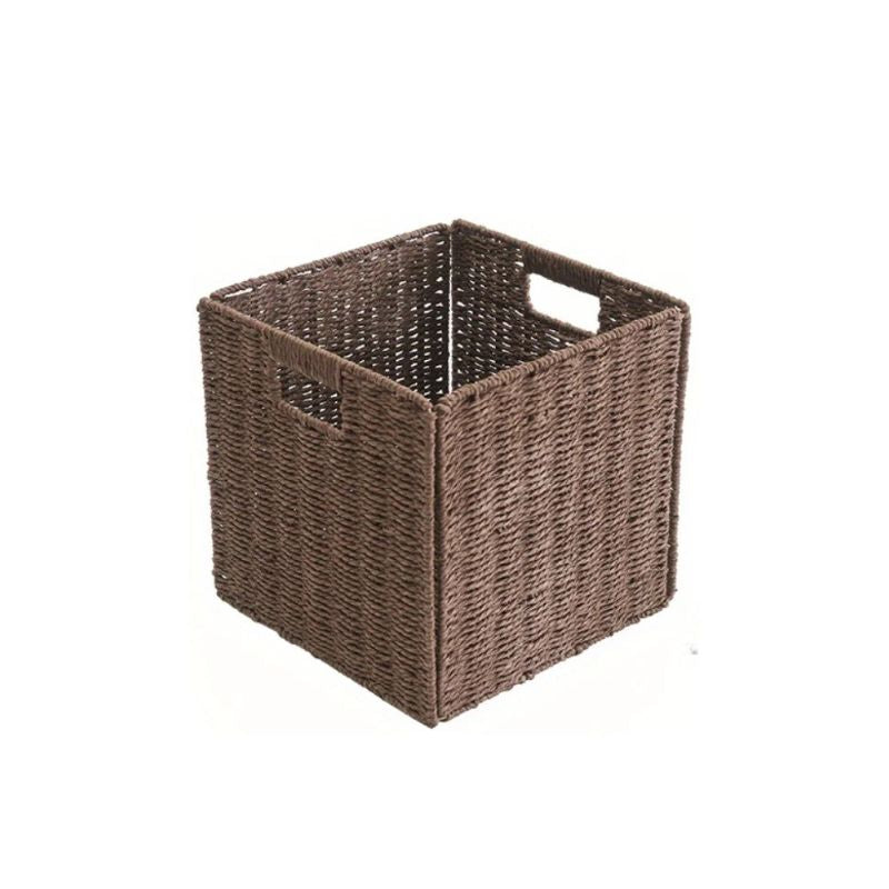 Cube Storage Basket Wicker Foldable Clothing Organiser with Handles - Brown