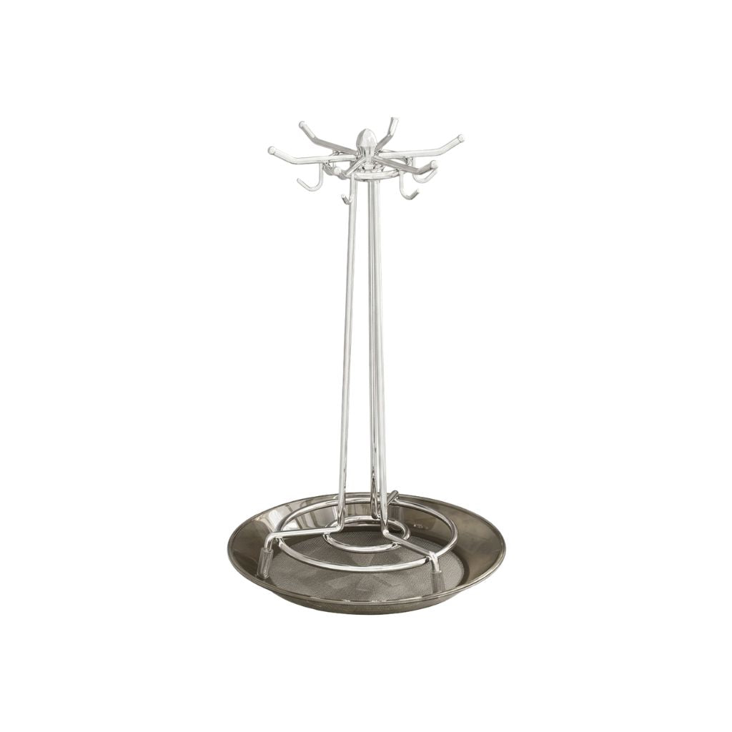 Rotating Kitchen Utensil Holder with Drip Tray 360° Metal Countertop Storage Rack - Silver