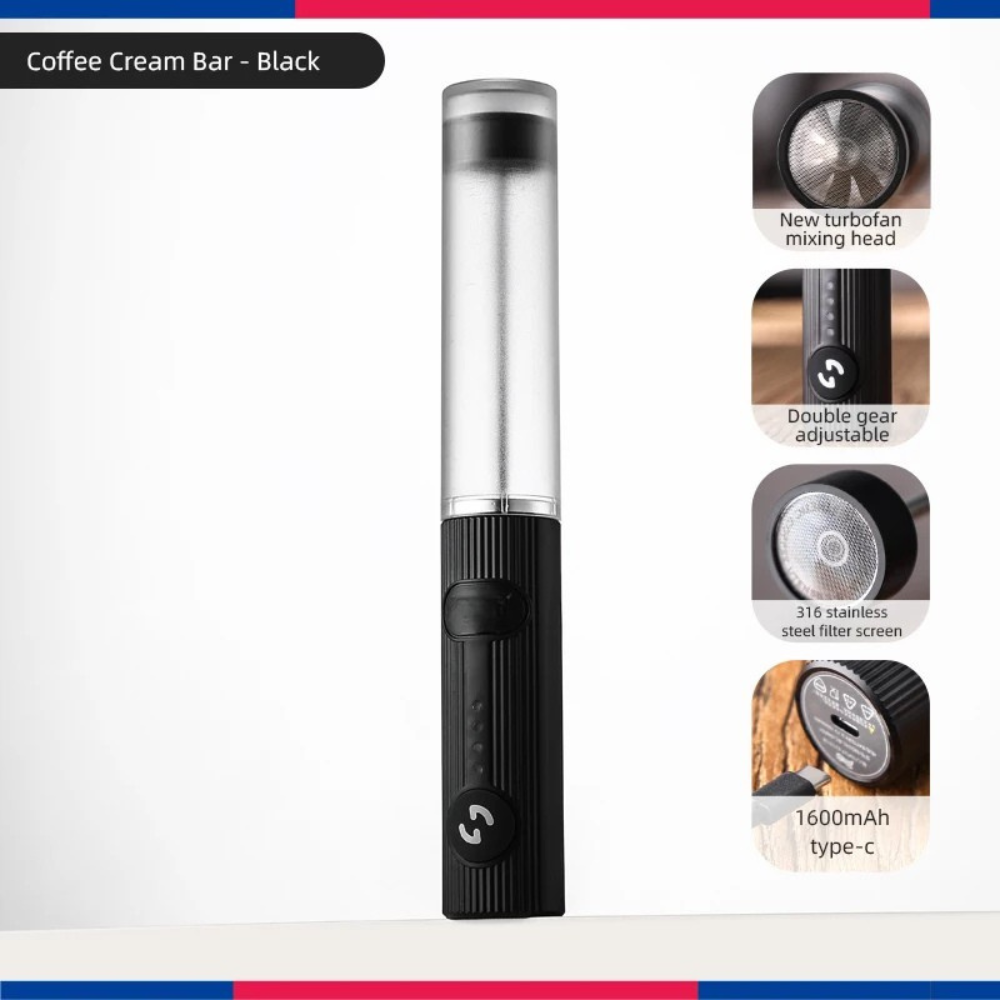 Electric Milk Frother USB Rechargeable 2 Speed Portable Coffee Mixer 23.7cm - Black
