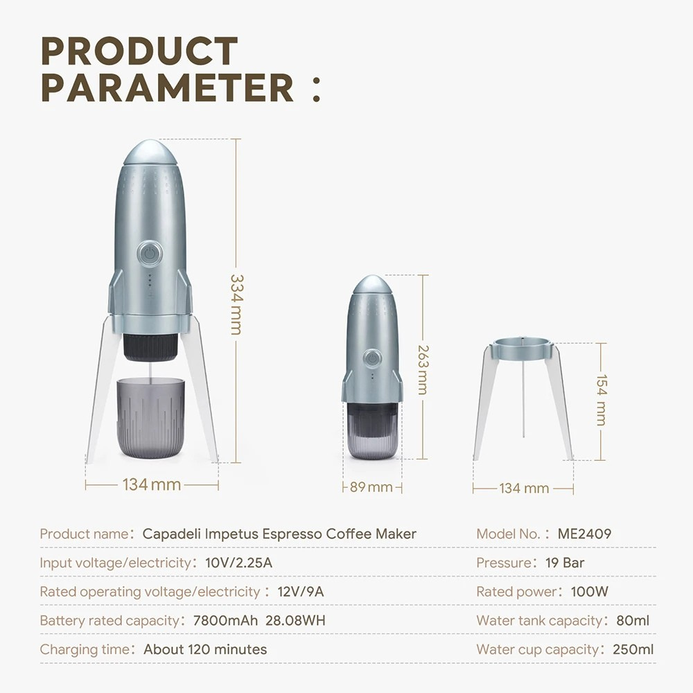 Portable Espresso Coffee Maker 3 in 1 19Bar Automatic Heating Capsule Powder Machine - Champagne