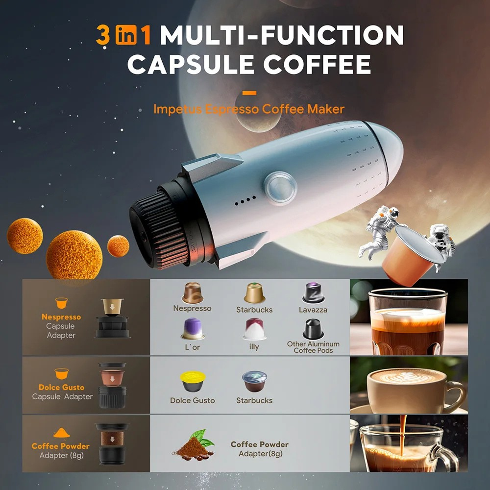 Portable Espresso Coffee Maker 3 in 1 19Bar Automatic Heating Capsule Powder Machine - Champagne