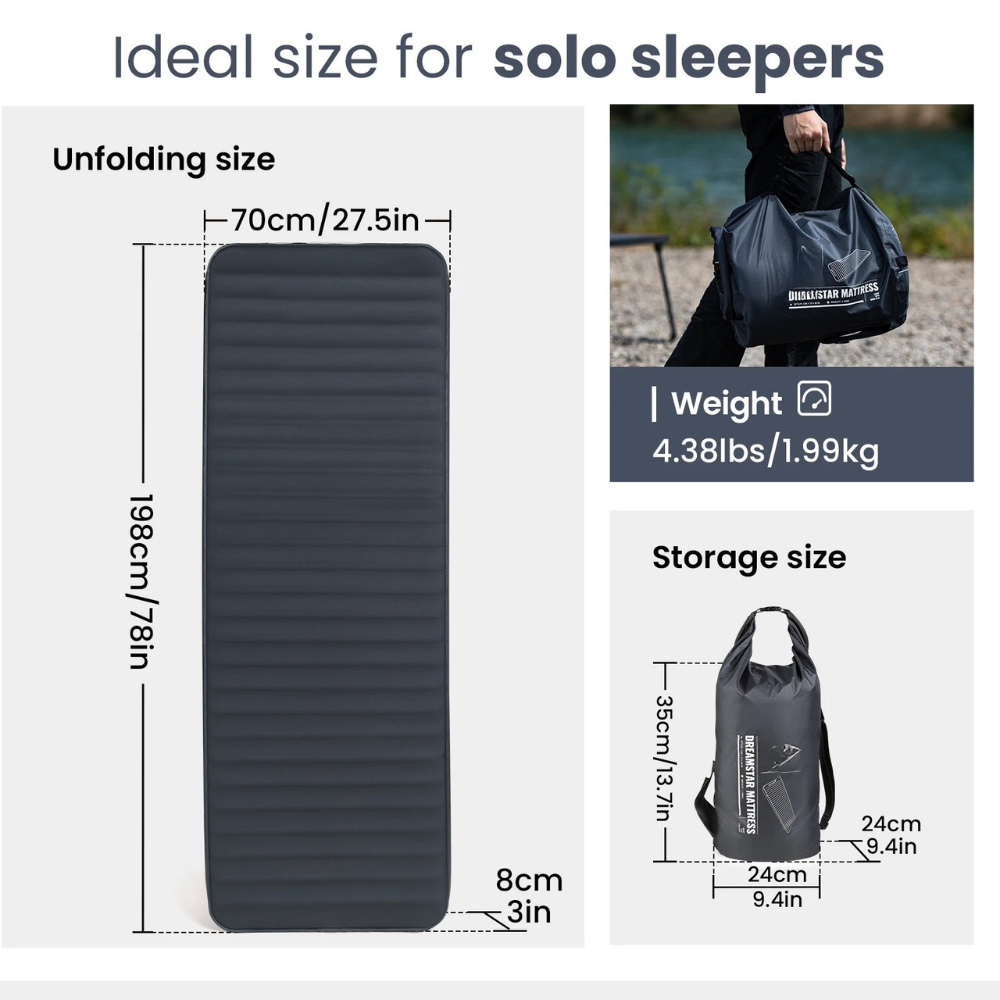 Camping Sleeping Pad 198cm Self Inflating Air Mattress 7.6cm Thick Built in Pump - Dark Gray