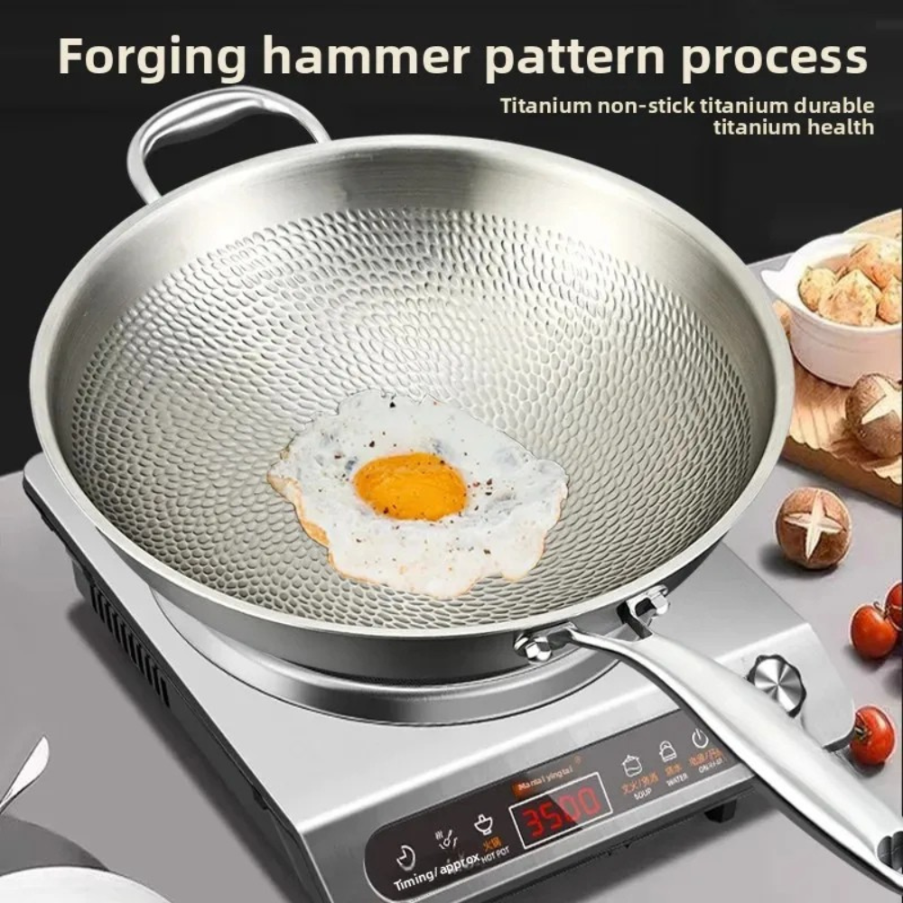Titanium Wok Pan 32cm Round Bottom Stir Fry Cooking Pot Induction Compatible