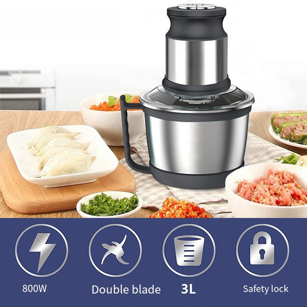 Electric Food Processor Mill 3L Capacity 800W Dual Speed Stainless Steel Chopper – Black