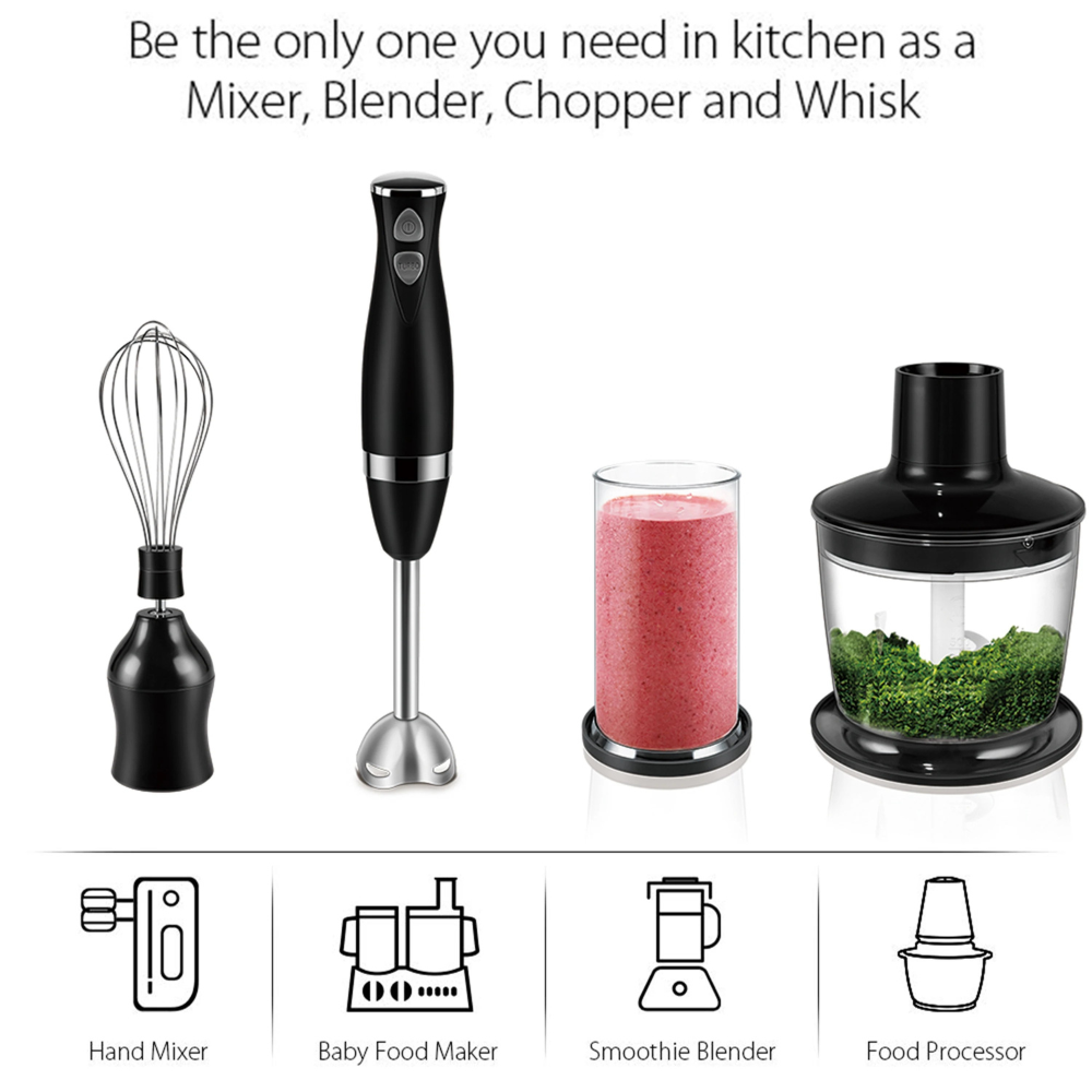 Hand Blender 3 In 1 Immersion Food Mixer 400W Stainless Steel Chopper Whisk – Black