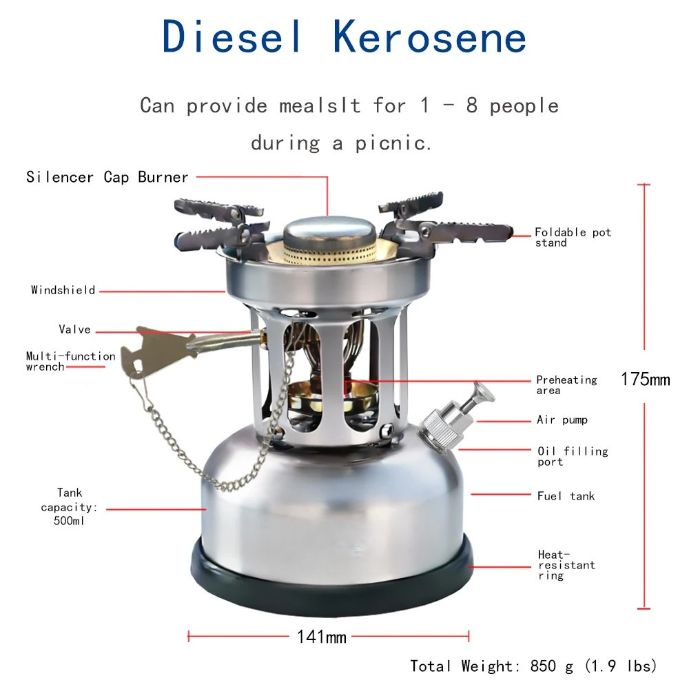 Camping Oil Stove 3500W Portable Outdoor Cooking Stove Stainless Steel - 500ml