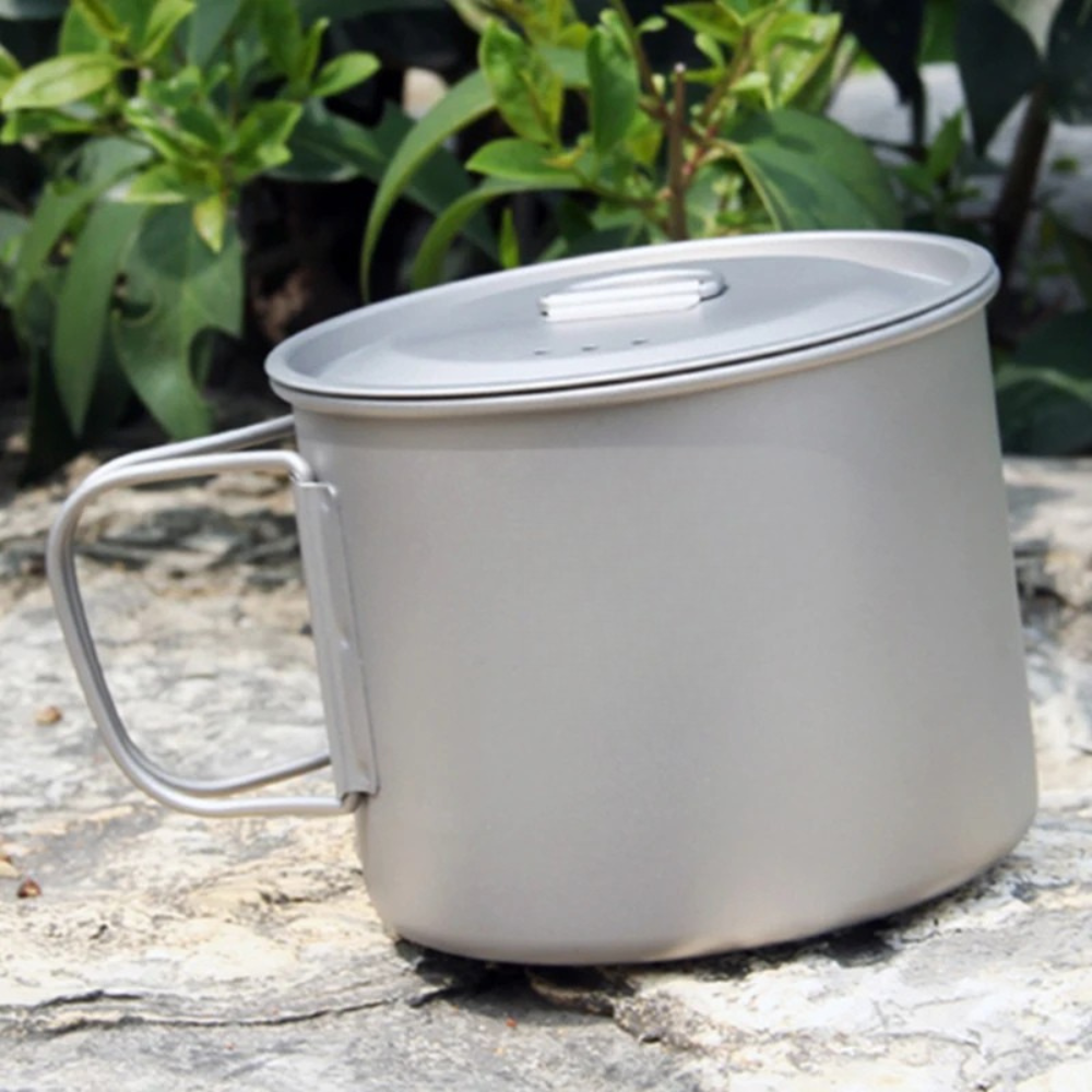 Titanium Mug 900ml Portable Camping Cup with Lid Foldable Handle