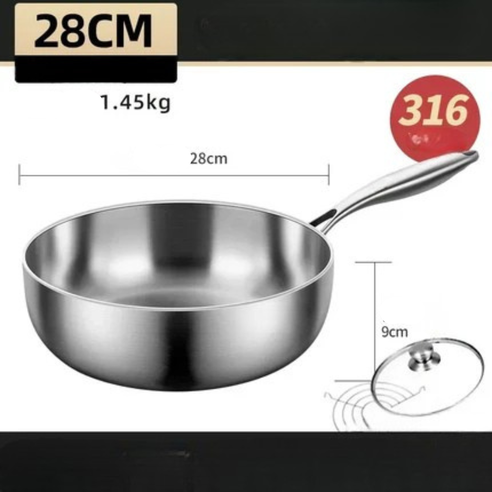 Frying Pan 28cm Deep 316 Stainless Steel Flat Bottom Cooking Pan
