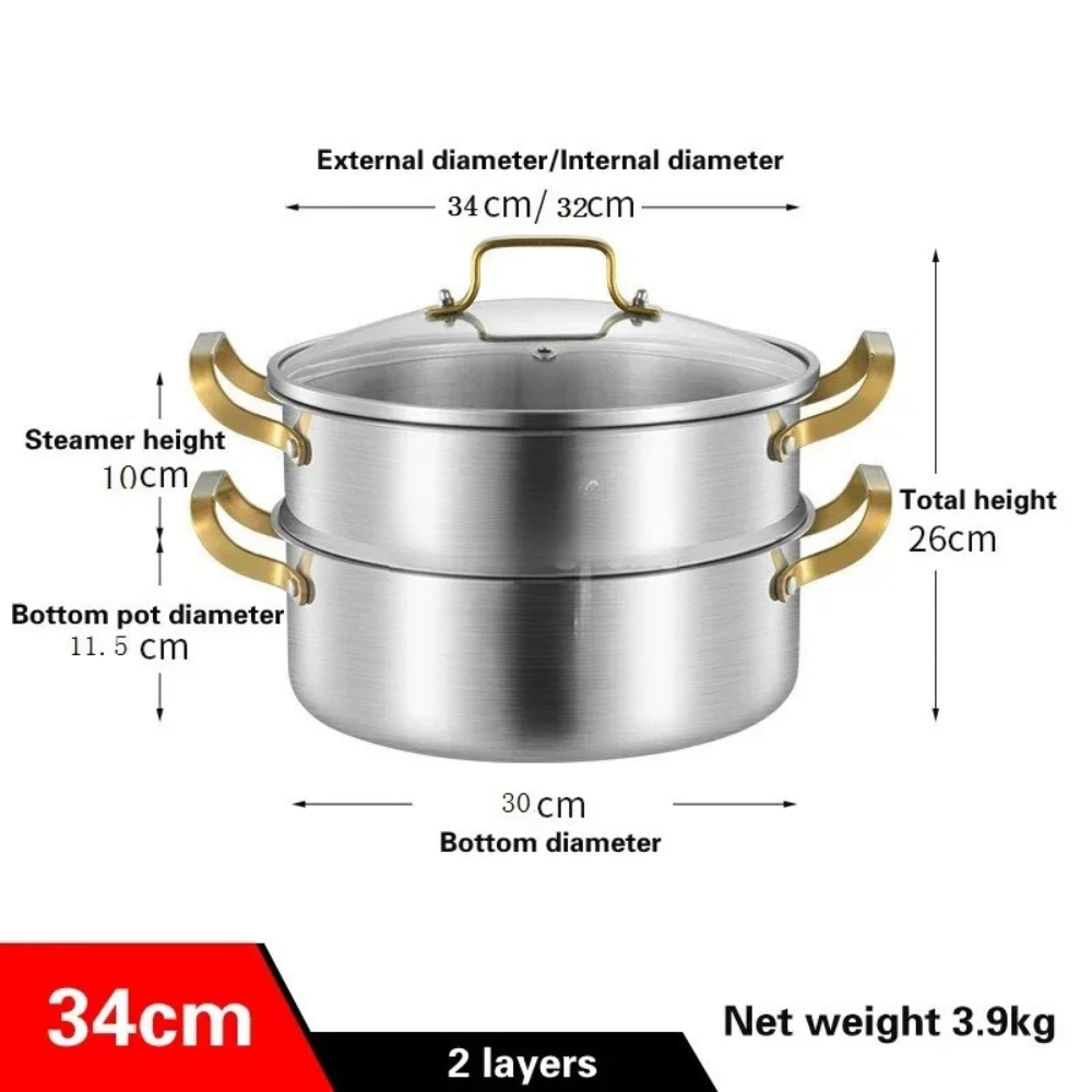 316 Stainless Steel Steamer Pot 34cm 2 Layer Soup Stock Pot with Lid for Gas & Induction