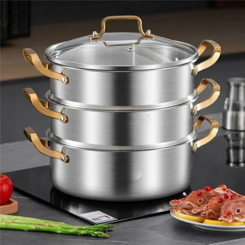 316 Stainless Steel Steamer Pot 34cm 2 Layer Soup Stock Pot with Lid for Gas & Induction