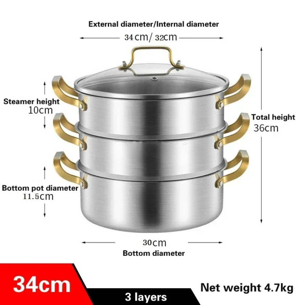 316 Stainless Steel Steamer Pot 34cm 3 Layer Soup Stock Pot with Lid for Gas & Induction